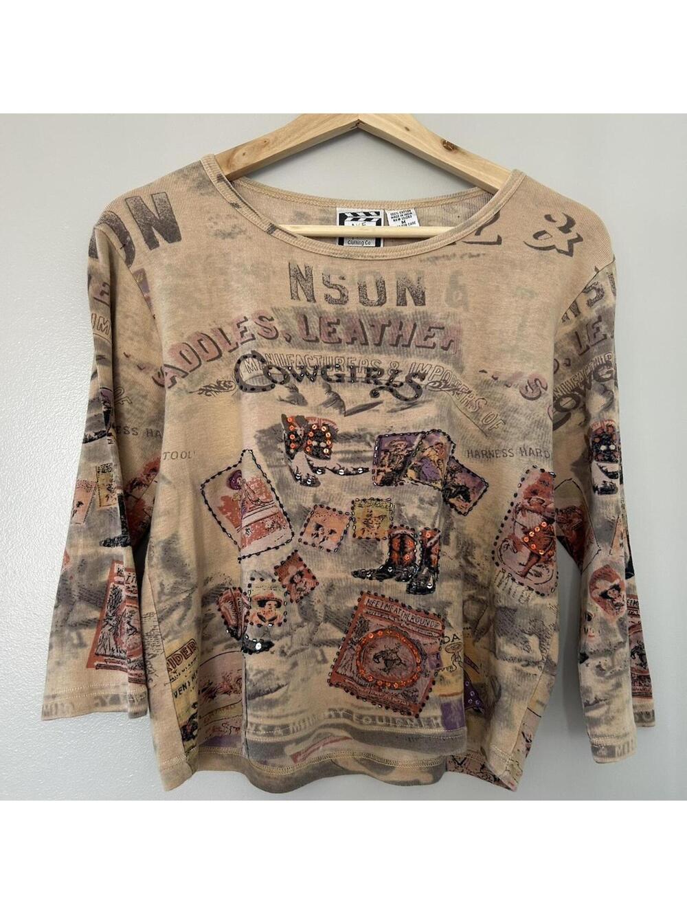 Tan and brown western long sleeve top with sequins